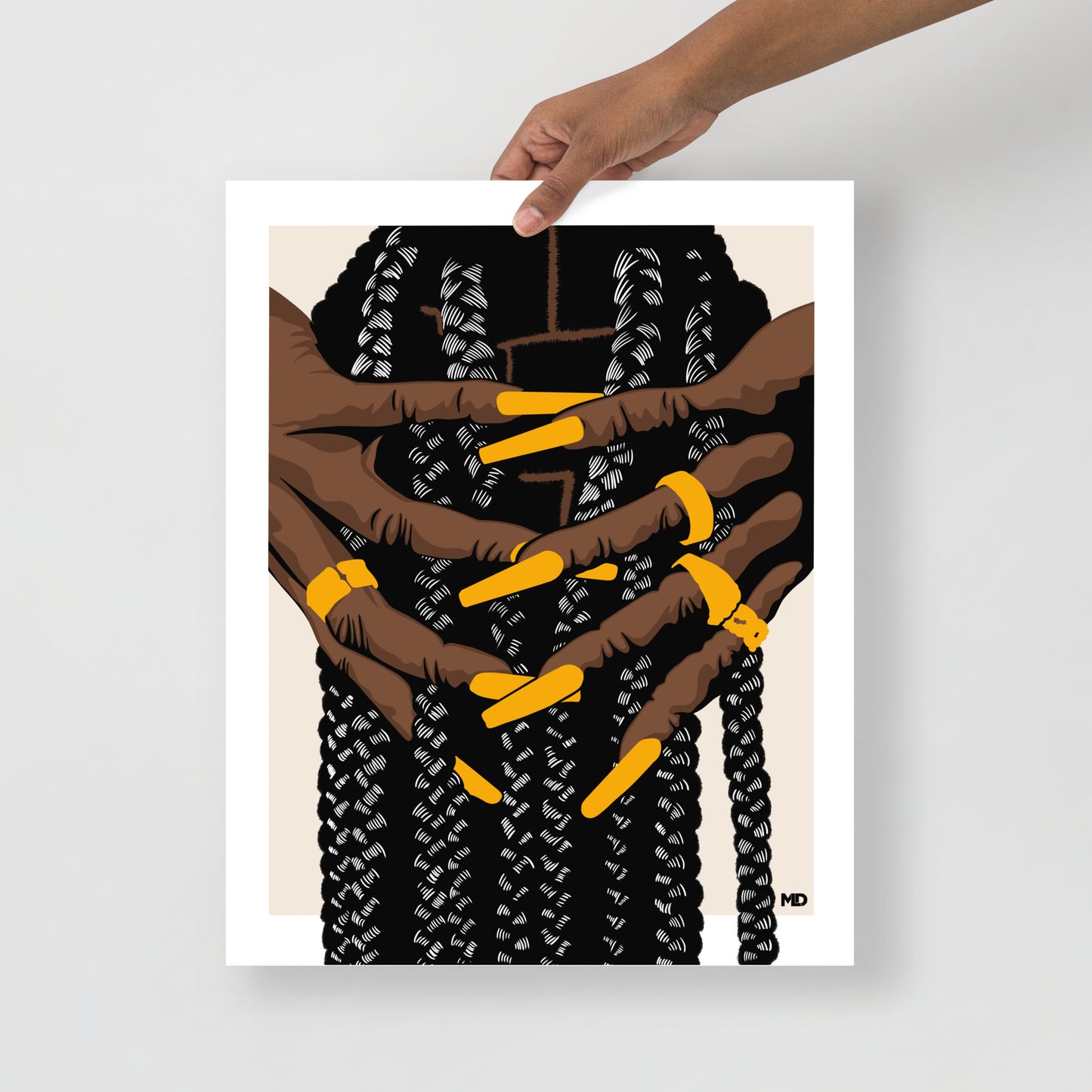 back of head POV. hands running fingers through long braids. fingers have long 24 karats gold nails & gold rings