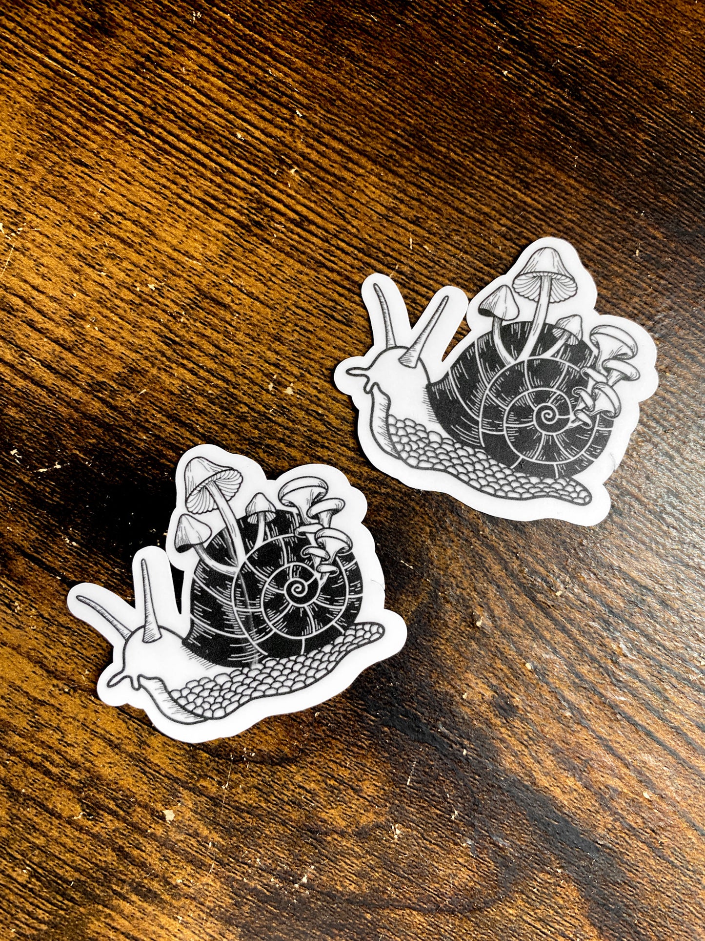 2 Mushroom Snail stickers. Classic snail with mushrooms growing out of the shell.