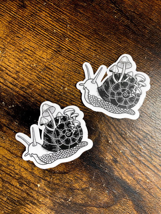 2 Mushroom Snail stickers. Classic snail with mushrooms growing out of the shell.