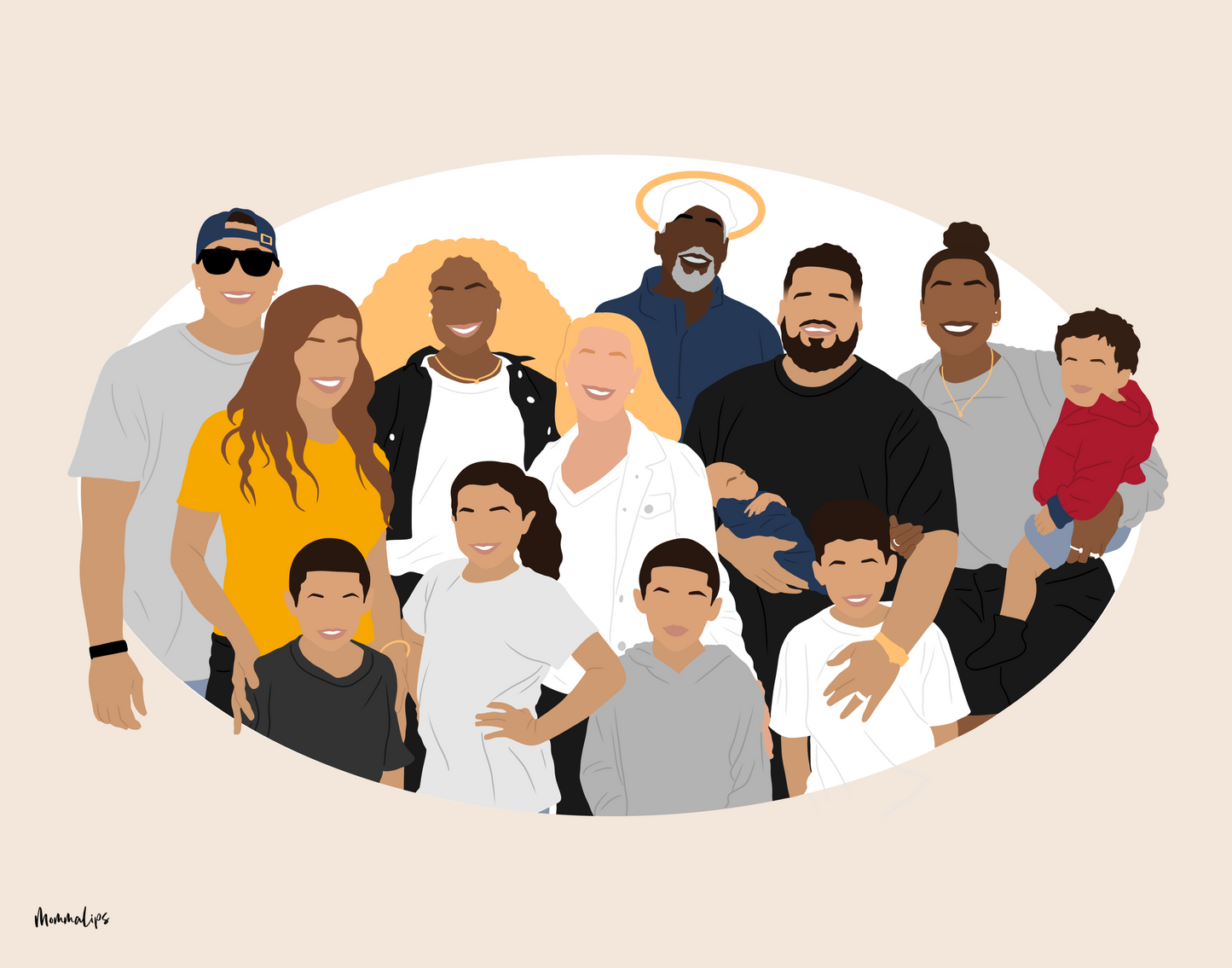 Memorial illustration of large family. Added individual in the back with halo.