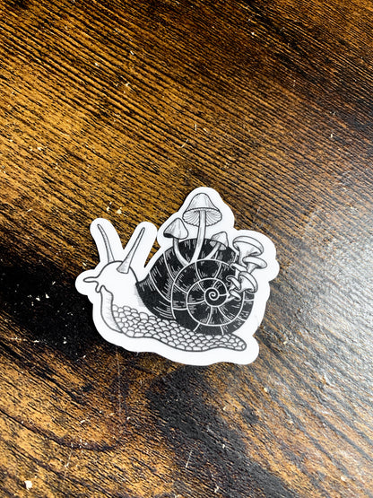 Single Mushroom Snail sticker. Classic snail with mushrooms growing out of the shell.