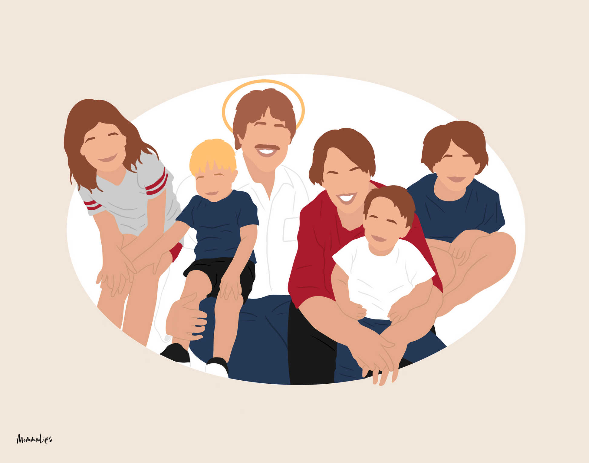 Memorial illustration of grandparents and grandchildren. Added individual in white shirt with halo.