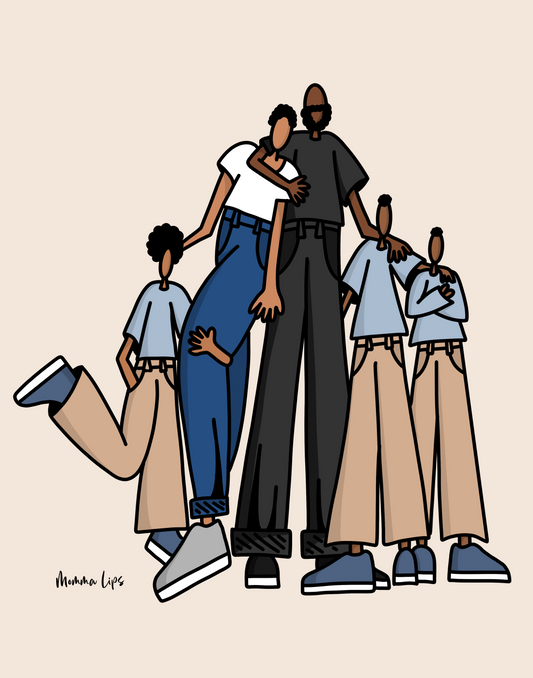 Family of 5. Shades of brown. Mom, Dad, 3 sons. Cartoon style custom illustration. Tan, blue, black
